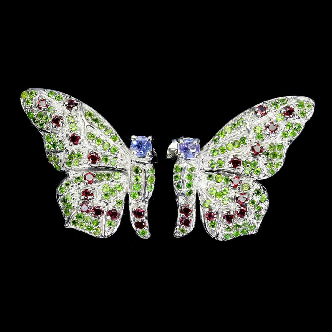 Natural Tanzanite Diopside Rhodolite Butterfly Earrings: 925 STERLING SILVER;PLATE-14K WHITE GOLD;MAIN STONE-TANZANITE;OTHER GEMS-CHROME DIOPSIDE, RHODOLITE GARNET;TOTAL WEIGHT-8.56 GRAM (TOTAL WEIGHT OF SILVER + STONE)DIMENSION-* STONE 1.0 TO 3.5 MM. * FAC