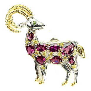 Natural Rhodolite Garnet Sapphire Brooch: 925 STERLING SILVER;PLATE-2-TONE WHITE & YELLOW 14K GOLD;MAIN STONE-RHODOLITE GARNET;OTHER GEMS-CHROME DIOPSIDE, SAPPHIRE;TOTAL WEIGHT-8.4 GRAM (TOTAL WEIGHT OF SILVER + STONE)DIMENSION-* STONE 1.5