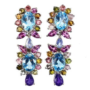 Natural Topaz Amethyst Tanzanite Tourmaline Earrings: 925 STERLING SILVER;PLATE-14K WHITE GOLD;MAIN STONE-SWISS BLUE TOPAZ;OTHER GEMS-AMETHYST, TANZANITE, TOURMALINE;TOTAL WEIGHT-7.29 GRAM (TOTAL WEIGHT OF SILVER + STONE)DIMENSION-* STONE 2.5 TO 8.0 X