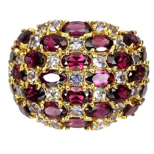 Natural Rhodolite Garnet & Tanzanite Ring: 925 STERLING SILVER;PLATE14K YELLOW GOLD;RING SIZE/Resizeable-8.5;MAIN STONE-RHODOLITE GARNETOTHER GEMS-TANZANITETOTAL WEIGHT-8.5 GRAM (TOTAL WEIGHT OF SILVER + STONE)DIMENSION-* STONE 3.0 TO 4.0 X