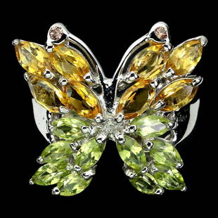 Natural Marquise Citrine Peridot Butterfly Ring: 925 STERLING SILVER;PLATE-14K WHITE GOLD;RING SIZE/resizeable-8.5;MAIN STONE-CITRINE;OTHER GEMS-PERIDOT, SAPPHIRE;TOTAL WEIGHT-5.04 GRAM (TOTAL WEIGHT OF SILVER + STONE)DIMENSION-* STONE 1.5 TO 6.0 X