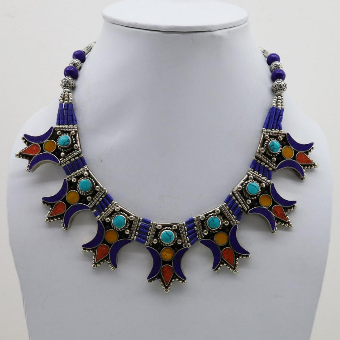 Tibet Natural Stone Tribal Queen Royal Necklace: Tibet Natural Stone Hand Made Turquoise, Coral & Lapiz Lazuli necklace.......This elegant large Necklace was handcrafted in Tibet, the home of exquisite jewelry craftsmanship. It was skillfully made w