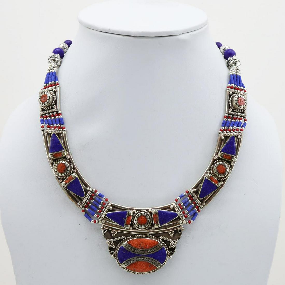 Tibet Natural Stone Tribal Queen Royal Necklace: Tibet Natural Stone Hand Made coral & Lapiz Lazuli Necklace.......This elegant large Necklace was handcrafted in Tibet, the home of exquisite jewelry craftsmanship. It was skillfully made with large n