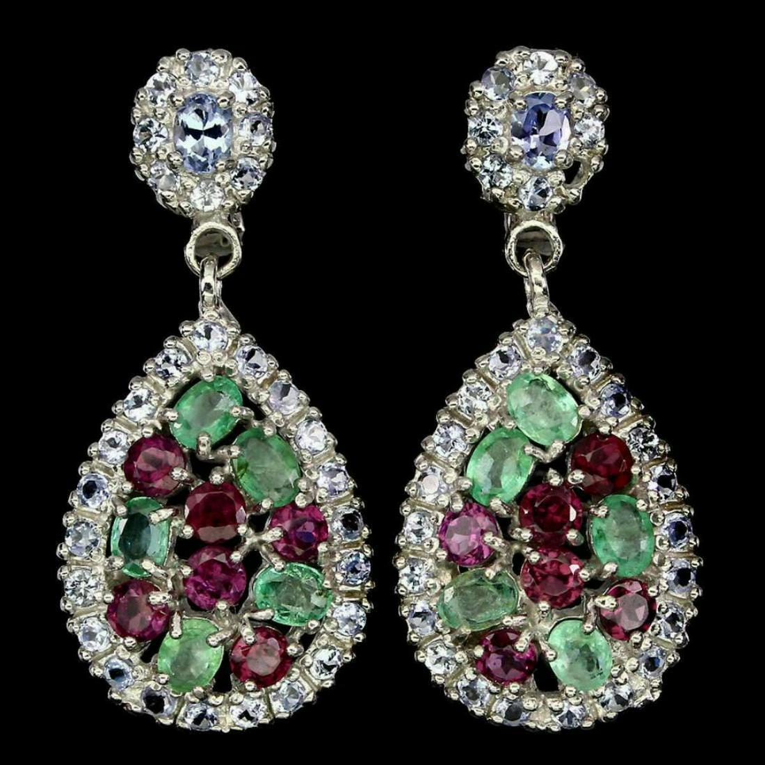 Natural Emerald Rhodolite Garnet Tanzanite Earrings: 925 STERLING SILVER;PLATE...14K WHITE GOLD;MAIN STONE-EMERALD;OTHER GEMS-RHODOLITE GARNET, TANZANITE;TOTAL WEIGHT-6.66 GRAM (TOTAL WEIGHT OF SILVER + STONE)DIMENSION* STONE 2.0 TO 4.0 X 3.0 MM. * FACE