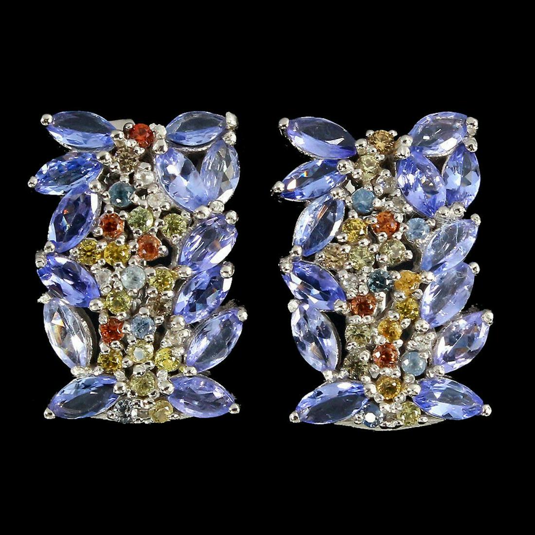 Natural Unheated Tanzanite Sapphire Earrings: 925 STERLING SILVER;PLATE-14K WHITE GOLD;MAIN STONE-TANZANITE;OTHER GEMS-SAPPHIRE;TOTAL WEIGHT-5.73 GRAM (TOTAL WEIGHT OF SILVER + STONE);DIMENSION-* STONE 1.5 TO 5.0 X 2.5 MM. * FACE EARRINGS 20.0 X 