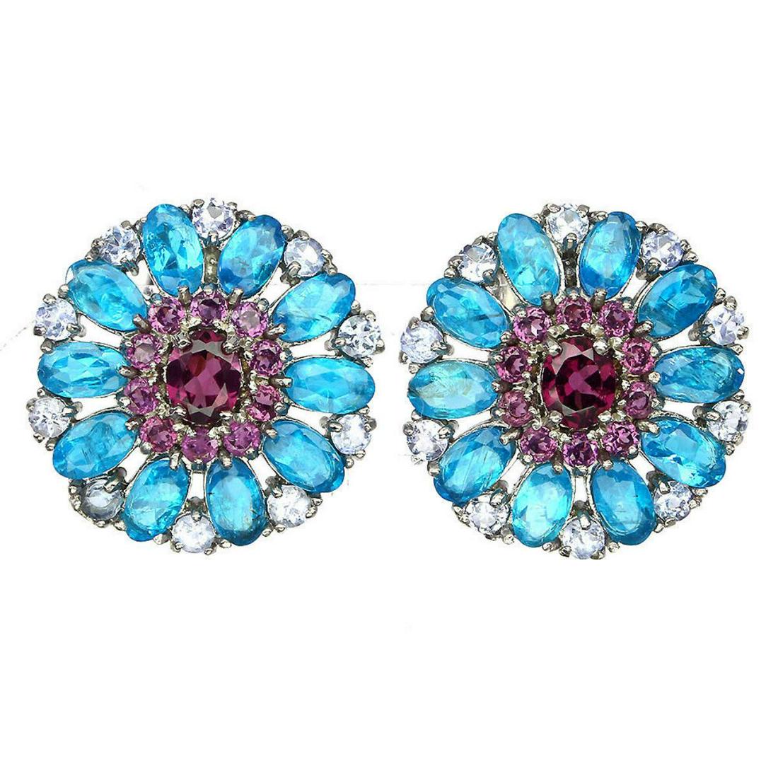 Natural Brazil Apatite Rhodolite Garnet Tanzanite Earrings: 925 STERLING SILVER;PLATE=14K WHITE GOLD;MAIN STONE=RHODOLITE GARNET;OTHER GEMS=APATITE, TANZANITE;TOTAL WEIGHT=5.59 GRAM (TOTAL WEIGHT OF SILVER + STONE)DIMENSION=* STONE 2.0 TO 5.0 X 3.0 MM.;* FACE 