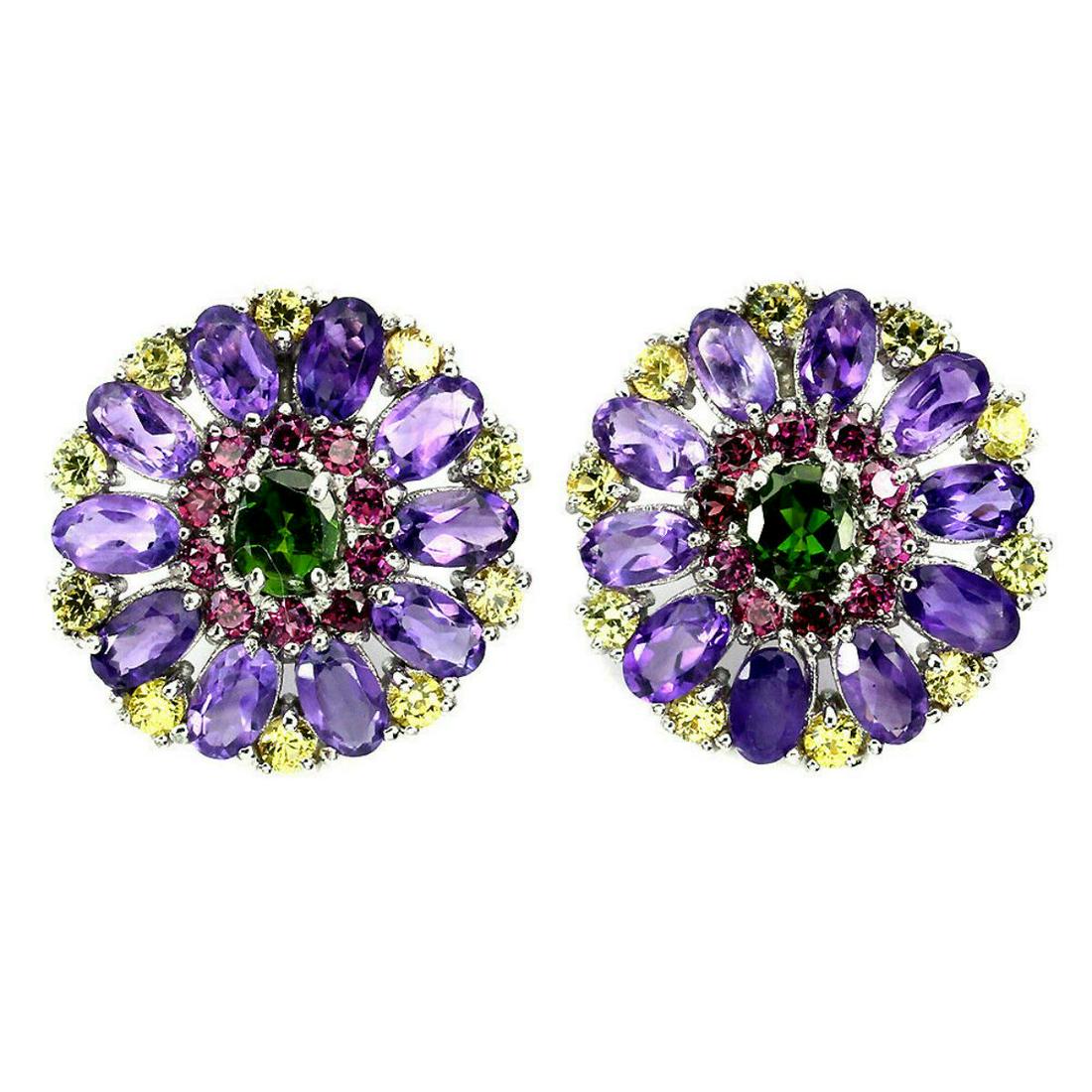 Natural Amethyst Chrome Diopside Garnet Earrings: 925 STERLING SILVER;PLATE-14K WHITE GOLD;MAIN STONE-CHROME DIOPSIDE;OTHER GEMS-AMETHYST, RHODOLITE GARNET, SAPPHIRE;TOTAL WEIGHT-5.12 GRAM (TOTAL WEIGHT OF SILVER + STONE)DIMENSION* STONE 2.0 TO 5.0 X