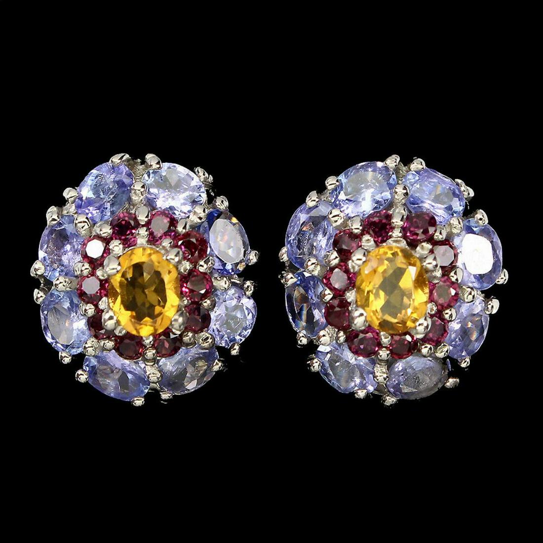 Natural Tanzanite Rhodolite & Citrine Earrings: 925 STERLING SILVER;PLATE-14K WHITE GOLD;MAIN STONE-CITRINE;OTHER GEMS-RHODOLITE GARNET, TANZANITE;TOTAL WEIGHT-6.38 GRAM (TOTAL WEIGHT OF SILVER + STONE)DIMENSION-* STONE 2.0 TO 5.0 X 4.0 MM. * FACE 