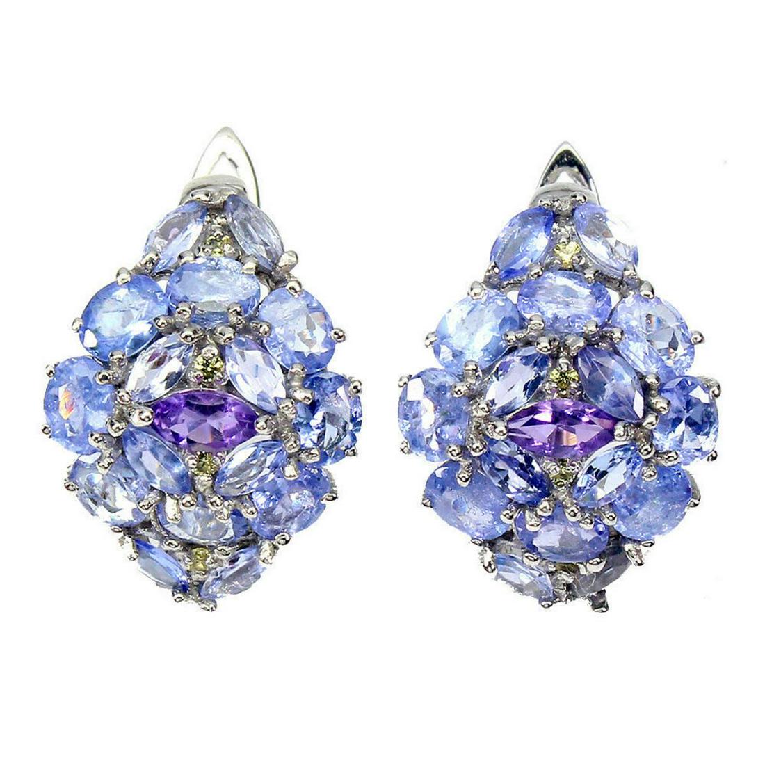 Natural Unheated Tanzanite Sapphire Earrings: 925 STERLING SILVER;PLATE-14K WHITE GOLD;MAIN STONE-TANZANITE;OTHER GEMS-AMETHYST, SAPPHIRE DIAMOND CUT;TOTAL WEIGHT-5.32 GRAM (TOTAL WEIGHT OF SILVER + STONE);DIMENSION-* STONE 1.0 TO 5.0 X 2.5 MM. *
