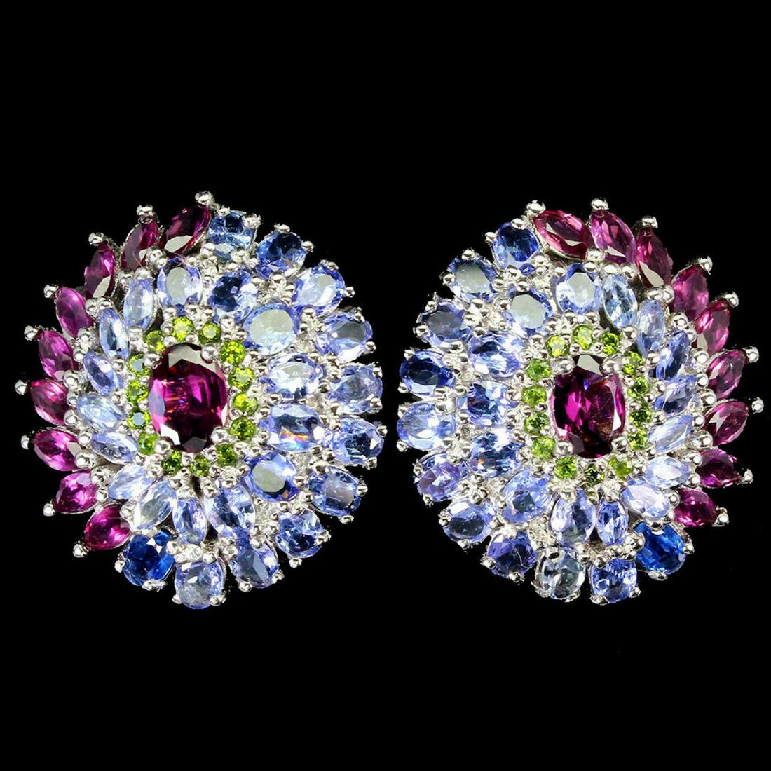 Natural Rhodolite Garnet & Tanzanite Earrings: 925 STERLING SILVER;PLATE-14K WHITE GOLD;MAIN STONE-RHODOLITE GARNET;OTHER GEMS-CHROME DIOPSIDE, RHODOLITE GARNET, TANZANITE;TOTAL WEIGHT-13.95 GRAM (TOTAL WEIGHT OF SILVER + STONE)DIMENSION-* STONE 1