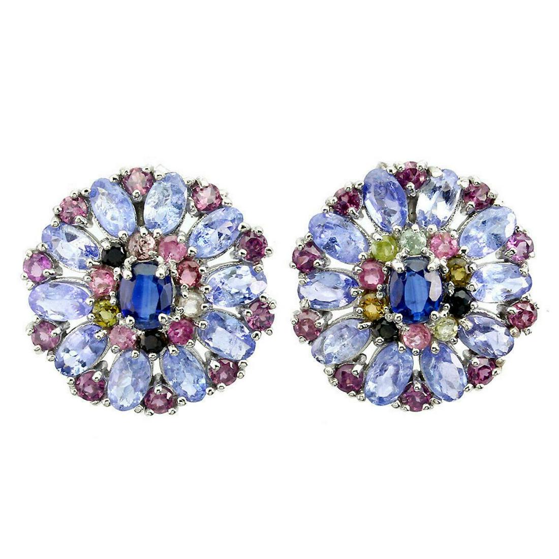 Natural Tanzanite Kyanite Tourmaline Earrings: 925 STERLING SILVER;PLATE-14K WHITE GOLD;MAIN STONE-TANZANITE;OTHER GEMS-KYANITE, RHODOLITE GARNET, TOURMALINE;TOTAL WEIGHT-6.06 GRAM (TOTAL WEIGHT OF SILVER + STONE)DIMENSION-* STONE 2.0 TO 5.0 X 4.0
