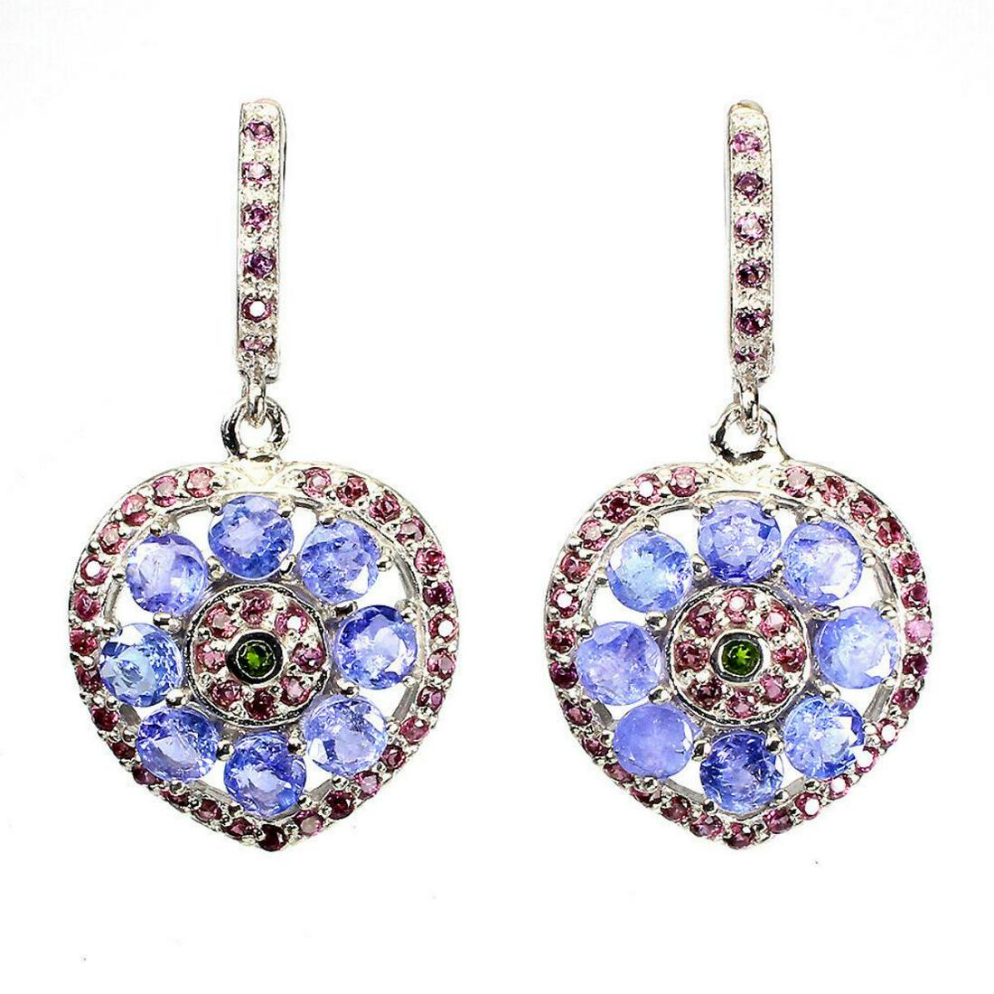 Natural Tanzanite & Rhodolite Garnet Earrings: 925 STERLING SILVER;PLATE-14K WHITE GOLD;MAIN STONE-TANZANITE;OTHER GEMS-CHROME DIOPSIDE, RHODOLITE GARNET;TOTAL WEIGHT-8.76 GRAM (TOTAL WEIGHT OF SILVER + STONE)DIMENSION-* STONE 1.5 TO 4.0 MM. * FAC