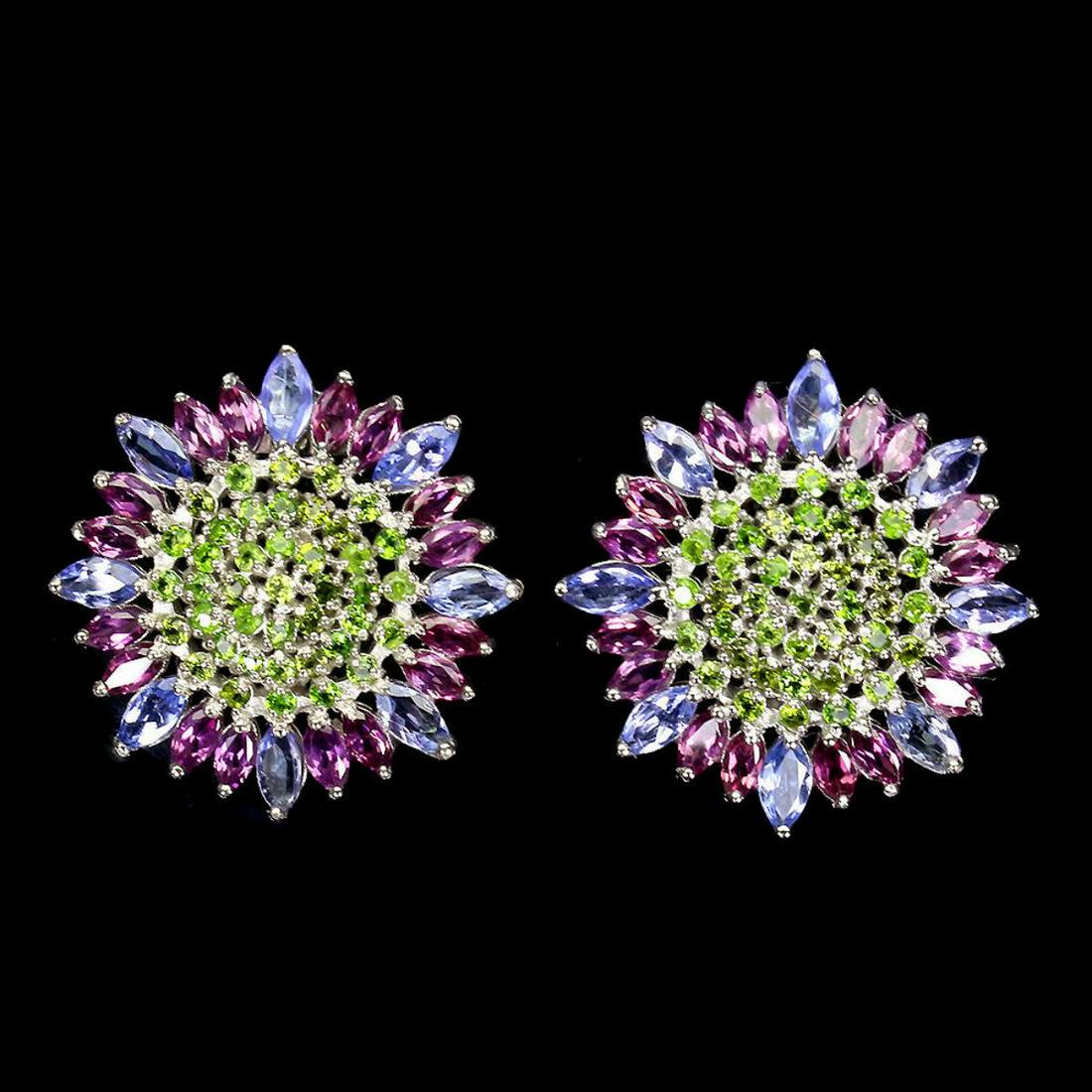 Natural Tanzanite Chrome Diopside Garnet Earrings: 925 STERLING SILVER;PLATE-14K WHITE GOLD;MAIN STONE-TANZANITE;OTHER GEMS-CHROME DIOPSIDE, RHODOLITE GARNET;TOTAL WEIGHT-6.18 GRAM (TOTAL WEIGHT OF SILVER + STONE)DIMENSION-* STONE 1.5 TO 5.0 X 2.5 MM.
