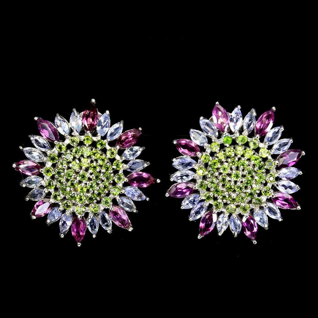 Natural Tanzanite Rhodolite Ch-Diopside Earrings: 925 STERLING SILVER;PLATE-14K WHITE GOLD;MAIN STONE-RHODOLITE GARNET;OTHER GEMS-CHROME DIOPSIDE, TANZANITE;TOTAL WEIGHT-6.41 GRAM (TOTAL WEIGHT OF SILVER + STONE)DIMENSION-* STONE 1.5 TO 5.0 X 2.5 MM.