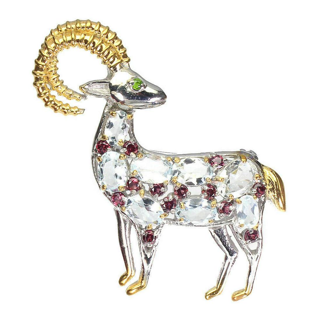 Natural Aquamarine & Rhodolite Garnet Goat Brooch (1 of 1)