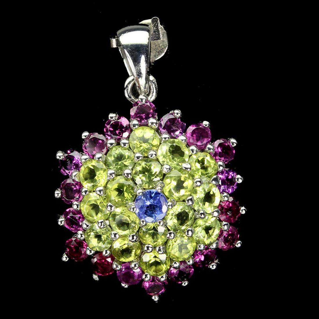 Natural Unheated Tanzanite Peridot Rhodolite Pendant: 925 STERLING SILVER;PLATE-14K WHITE GOLD;MAIN STONE-TANZANITE;OTHER GEMS-PERIDOT, RHODOLITE GARNET;TOTAL WEIGHT-8.78 GRAM (TOTAL WEIGHT OF SILVER + STONE);DIMENSION- * STONE 3.0 TO 4.0 MM.* FACE EARRI