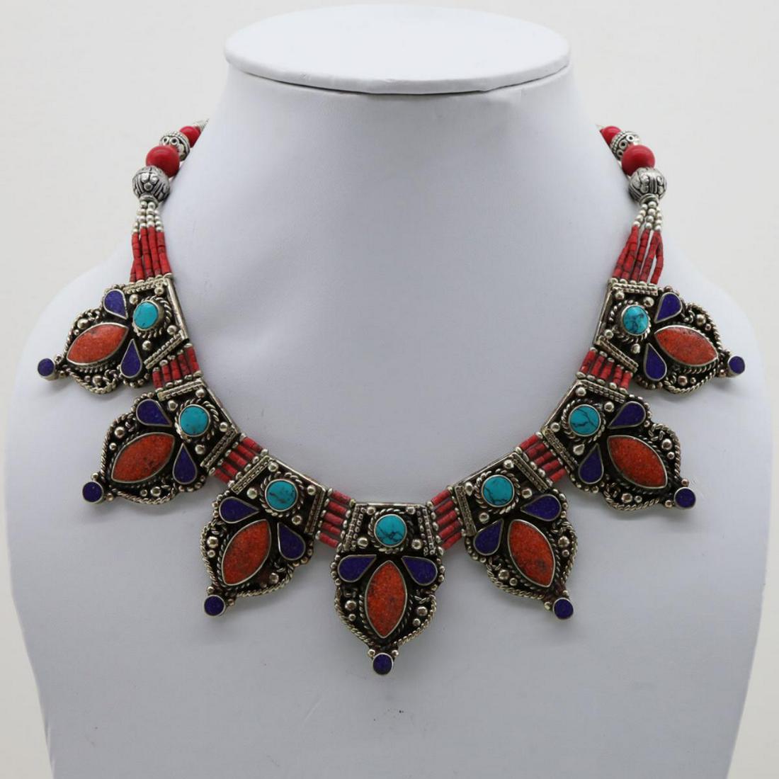 Tibet Natural Stone Tribal Queen Royal Necklace: Natural Stone Hand Made Turquoise, Coral Necklace & Lapiz Lazuli.......This elegant large Necklace was handcrafted in Tibet, the home of exquisite jewelry craftsmanship. It was skillfully made with la