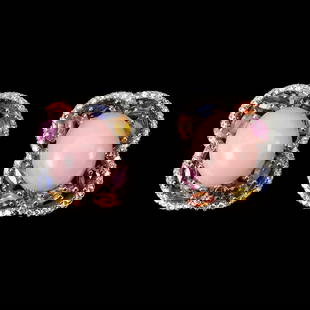 Natural Ethiopian Opal Sapphire White Topaz Earrings: 925 STERLING SILVER;PLATE-14K WHITE GOLD;MAIN STONE-PINK OPAL;OTHER GEMS-SAPPHIRE, WHITE TOPAZ;TOTAL WEIGHT-8.91 GRAM (TOTAL WEIGHT OF SILVER + STONE);DIMENSION-* STONE 1.0 TO 11.0 X 9.0 MM.* FACE EAR