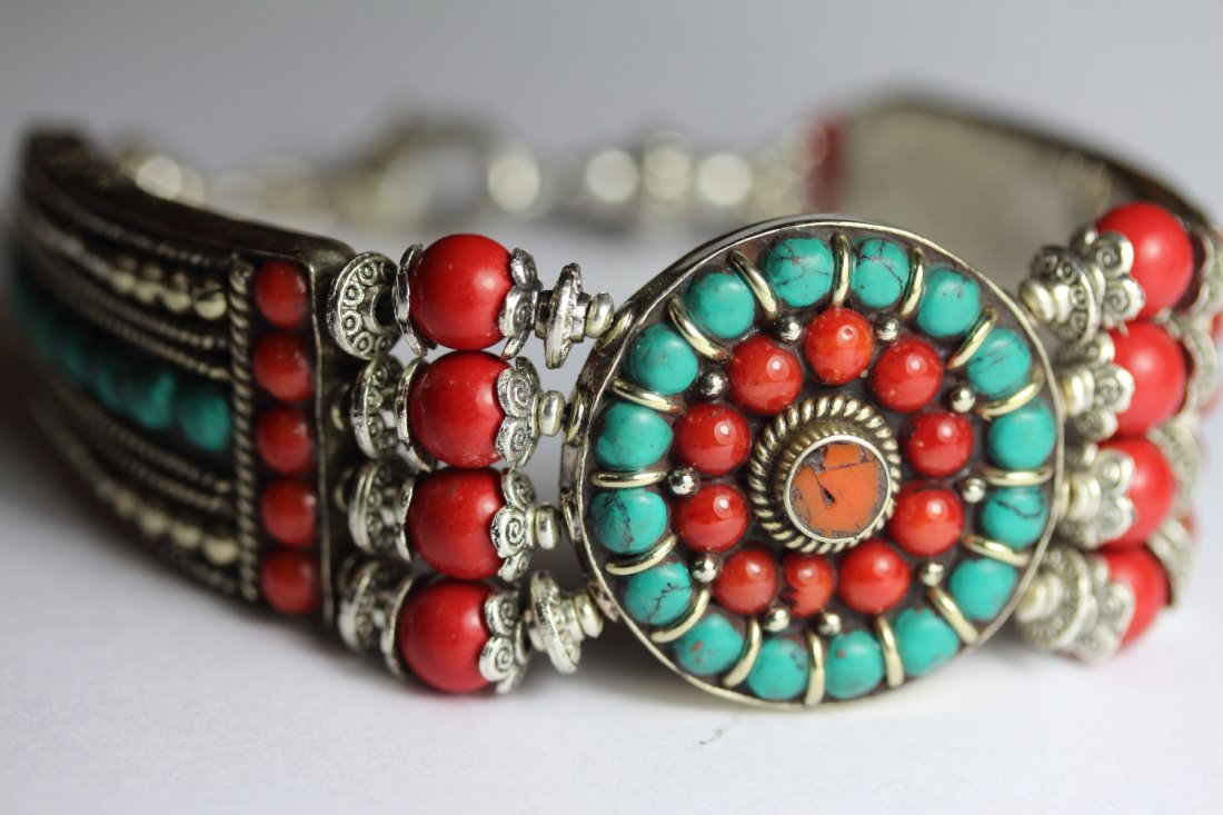 Tibet Hand Made Turquoise & Coral  Bracelet (1 of 1)