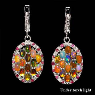 Natural Rainbow Fire Opal & Ruby Earrings: FIRE OPAL & RUBY (NATURAL) 14K WHITE GOLD COATING 925 SILVER EARRINGS;UNIT OF ITEM (S):2 PIECES;WEIGHT (CT.):55.74 CT. (total weight of silver + stone);DIMENSION:* STONE 2.0 TO 5.0 X 3.0 MM. * FACE EA