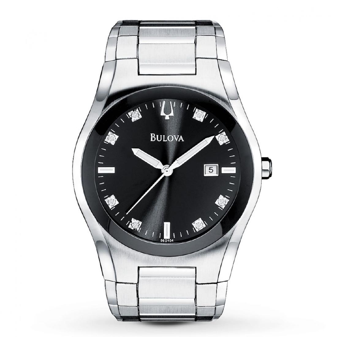 Bulova Black Dial Diamond Watch: Dress watch, Three-hand Japanese quartz movement displaying polished gunmetal hour and minute hands with luminous accents and polished sweep seconds, 8 genuine diamond hour markers, Applied and polish