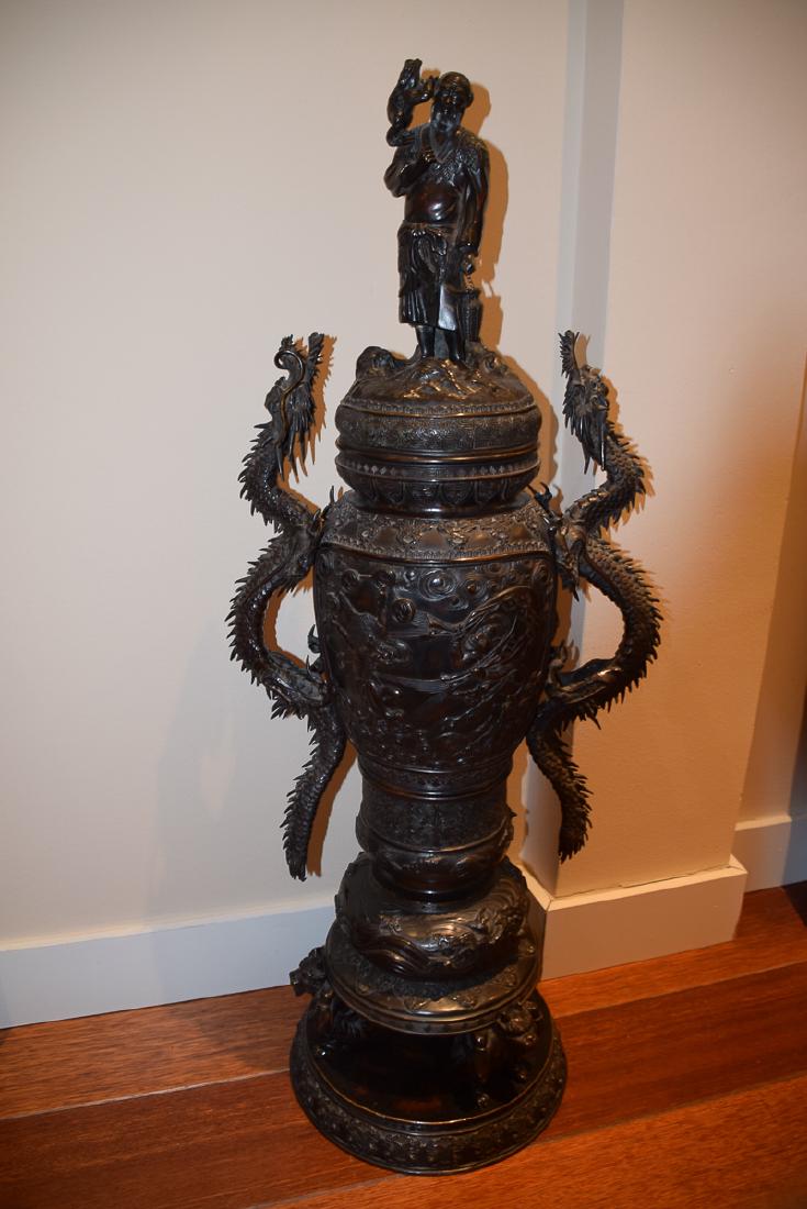 Large Chinese Bronze Vase with Dragon Handles: Vase with Old Man and Frog Cap. 99 x 38 cm. Stamo on base