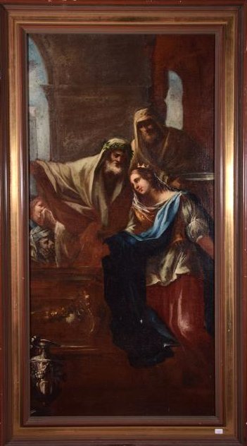 Possible Bernardo CAVALLINO Oil on Canvas: Possible Bernardo CAVALLINO (1616/22-1654/56). 35" x 15.5"Â / 37" x 21" with frame. Excellent. Oil on Canvas. 17th Century. Religious Painting