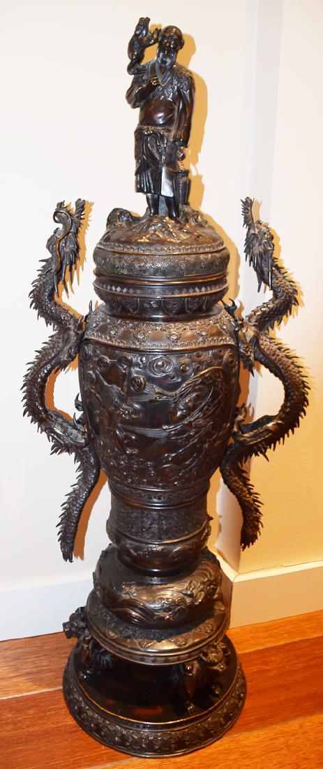Large Chinese Bronze Vase with Dragon Handles: Vase with Old Man and Frog Cap. 99 x 38 cm. Stamo on base