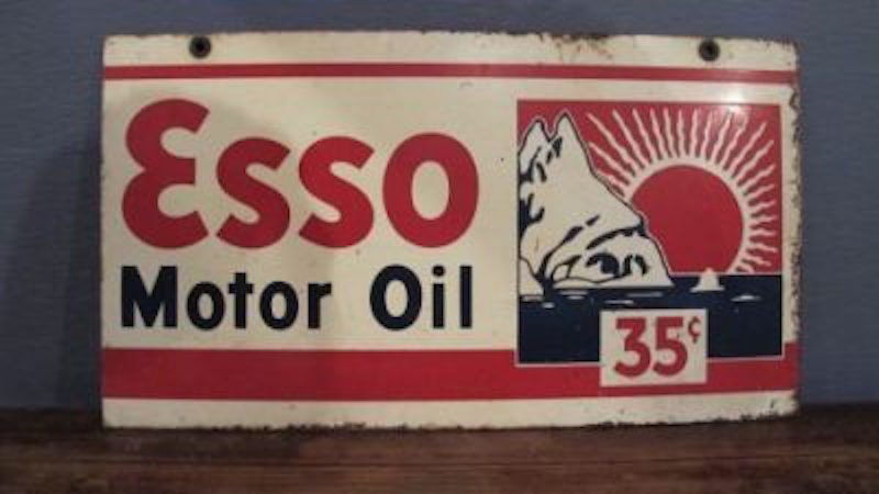 97. Rare "ESSO Motor Oil 35¢" Sign: Fresh estate find, this sign was with it's former owner for the last thirty years. This is an extremely rare double sided, porcelain ESSO sign. The 35 cent price dates it to the later 30s, maybe 40s. 