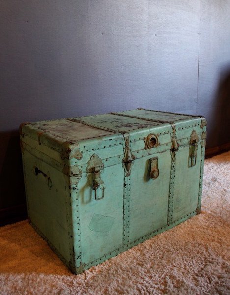 286. Blue Painted Trunk: She waited as the porters unloaded the train. Her trunk, probably on the bottom was sure to come off last. Flat top trunks were made as for all of the bumps and bruises that came from loading luggage 