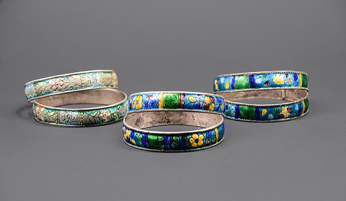 3 PAIRS OF CHINESE SILVER ENAMELED BANGLES (1 of 6)