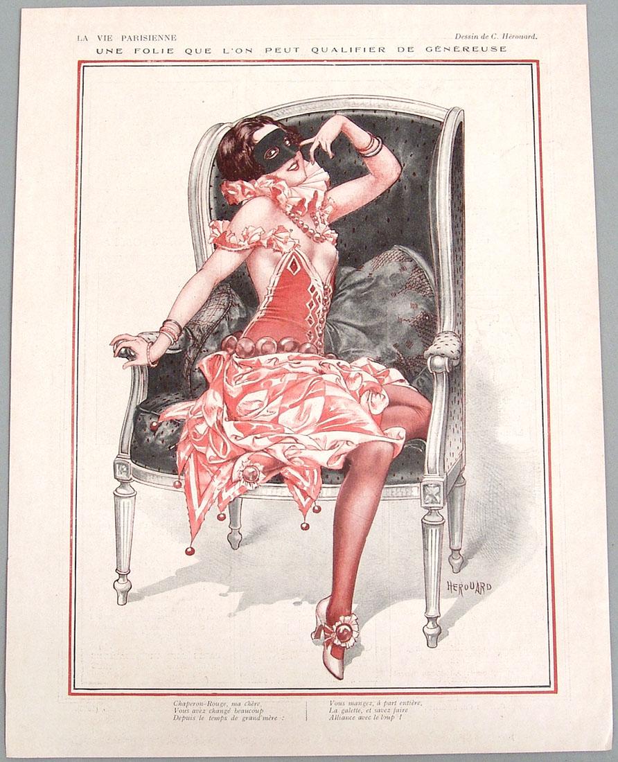 Antique 1927 Art Deco "La Vie Parisienne" Print: This a vintage 1927 Art Deco print from the erotic French magazine "La Vie Parisienne," illustrated by Cheri Herouard. Titled "Bel Astre, Ou Vas-Tu?" (Beautiful Star, Where Are You Going?). 9 3/4" x 1