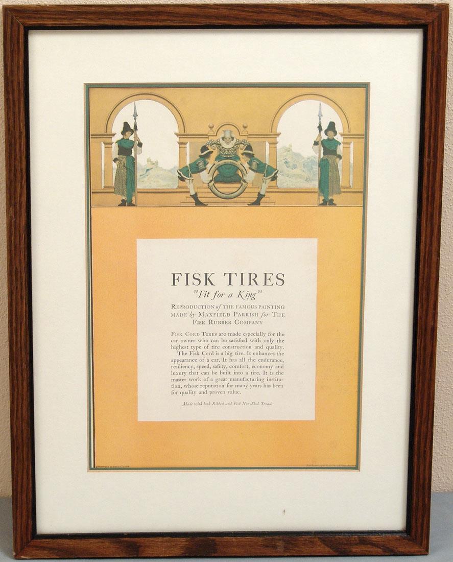 Antique c1920 Framed "Fisk Tires" Engraving - Parrish: This is an antique circa 1920 framed advertisement for Fisk Tires featuring artwork by Maxfield Parrish. Engraving by Buck. Wood frame with mat and glass. 13" x 17".
