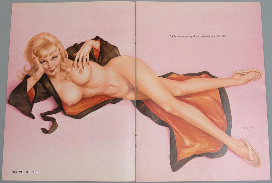 Vintage Nude Playboy Pin-Up by Alberto Vargas: This is a vintage Playboy Alberto Vargas pin-up from a 1960s/1970s Playboy magazine. On two separate pages; the pages still are attached to adjoining pages (they haven't been cut). Approx. 16" x 11".