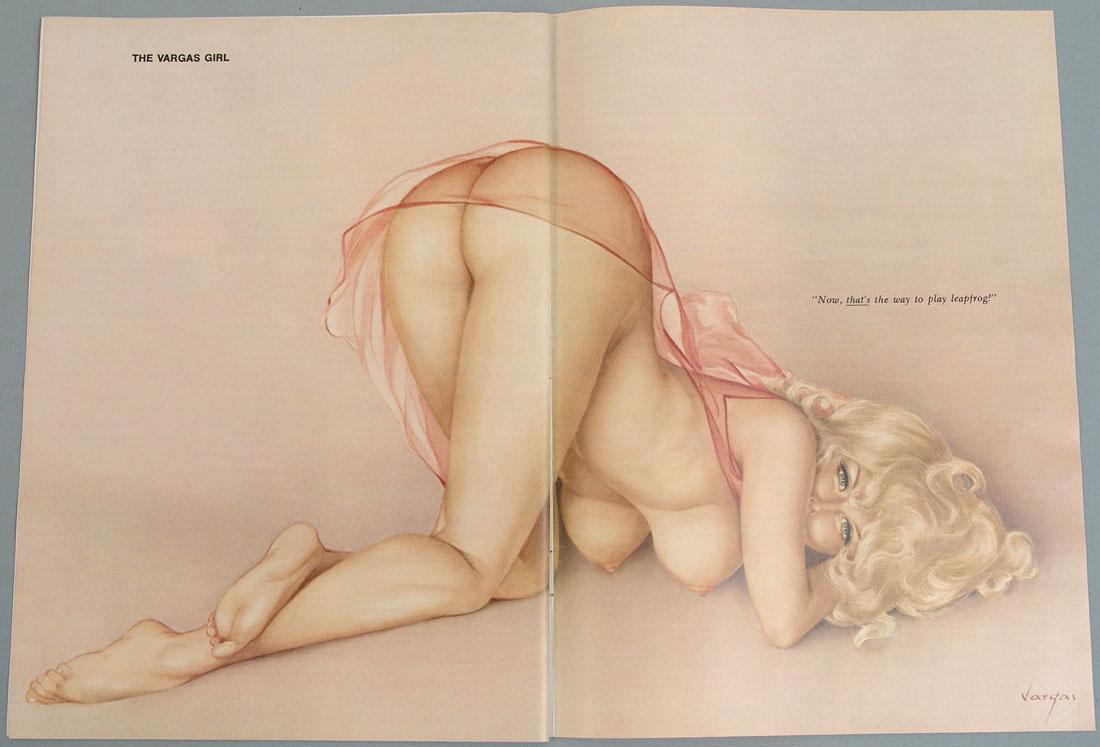 Vintage Nude Playboy Pin-Up by Alberto Vargas: This is a vintage Playboy Alberto Vargas pin-up from a 1960s/1970s Playboy magazine. On two separate pages; the pages still are attached to adjoining pages (they haven't been cut). Approx. 16" x 11".