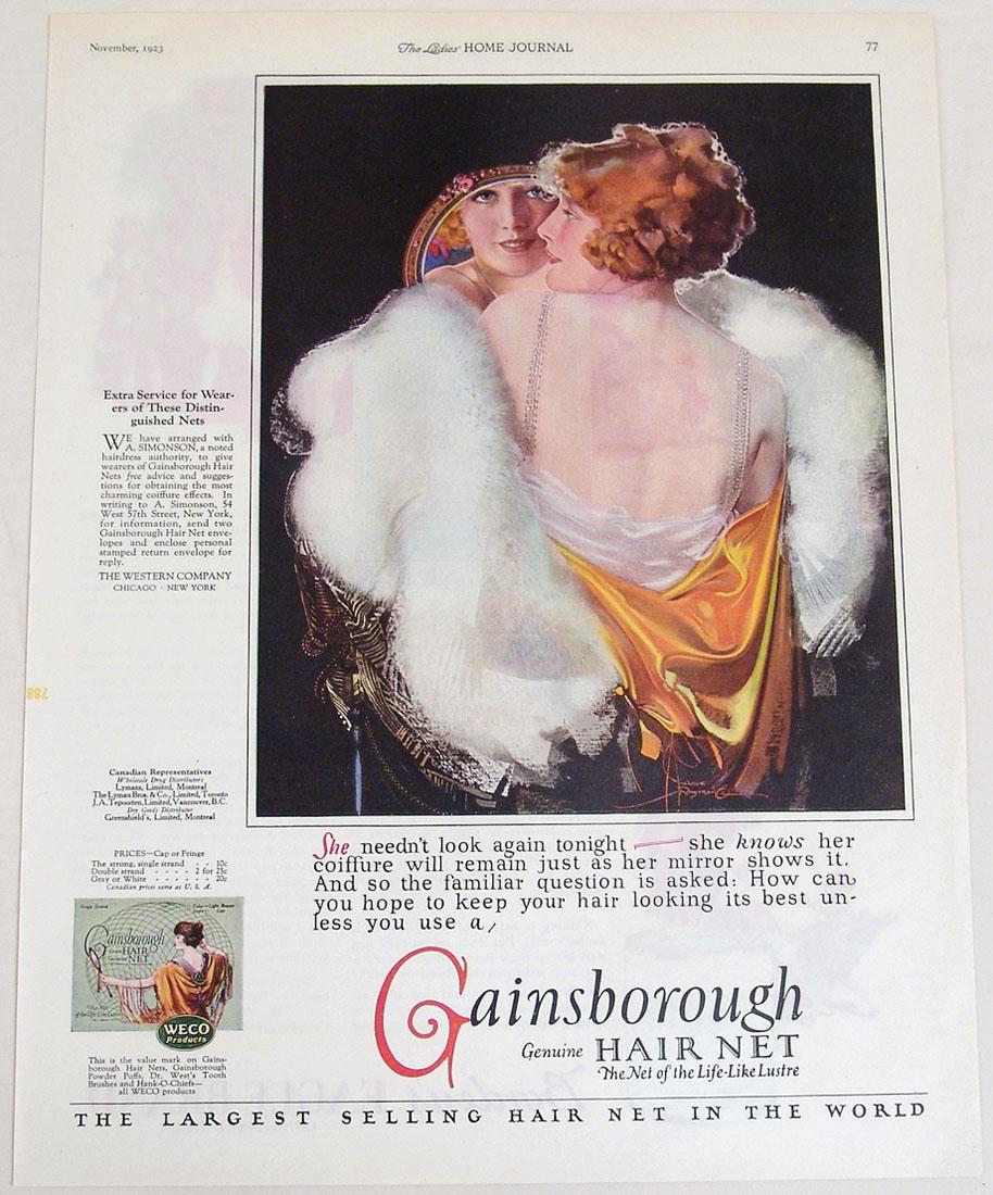 Antique 1923 Art Deco Gainsborough Ad by Armstrong: This is a vintage 1923 Gainsborough Hair Net advertisement with artwork by Rolf Armstrong. From the November, 1923 issue of "The Ladies' Home Journal." Approx. 10 1/2" x 13 1/2"