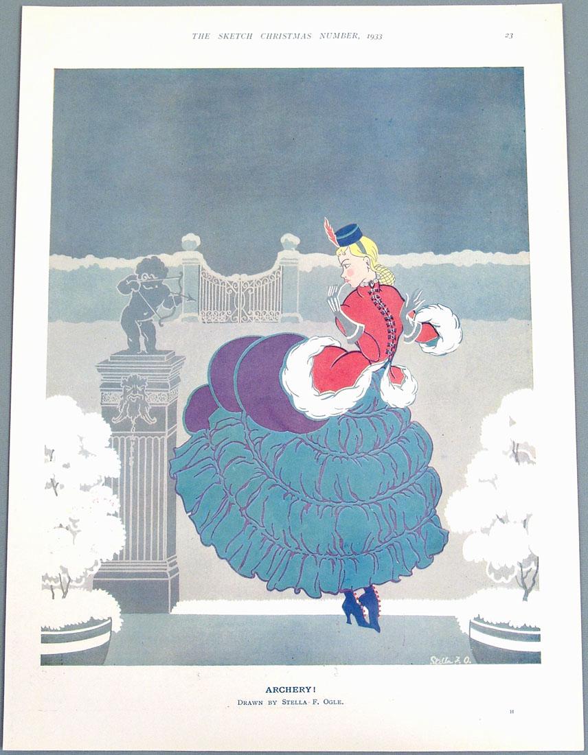 Antique 1933 Art Deco Print - Cupid: This is an antique 1933 Art Deco print featuring "archery" artwork by Stella F. Ogle. Removed from a vintage 1933 Christmas Number of "The Sketch" magazine. 9 1/4" x 12 1/4".