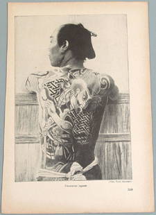 Antique 1920s German Prints - Japanese Tattoos: This is a pair of antique prints from a 1920s German magazine. Photos of tattoos - a Japanese man and an Indonesian girl. One page with a print on each side. 7" x 10 1/4".