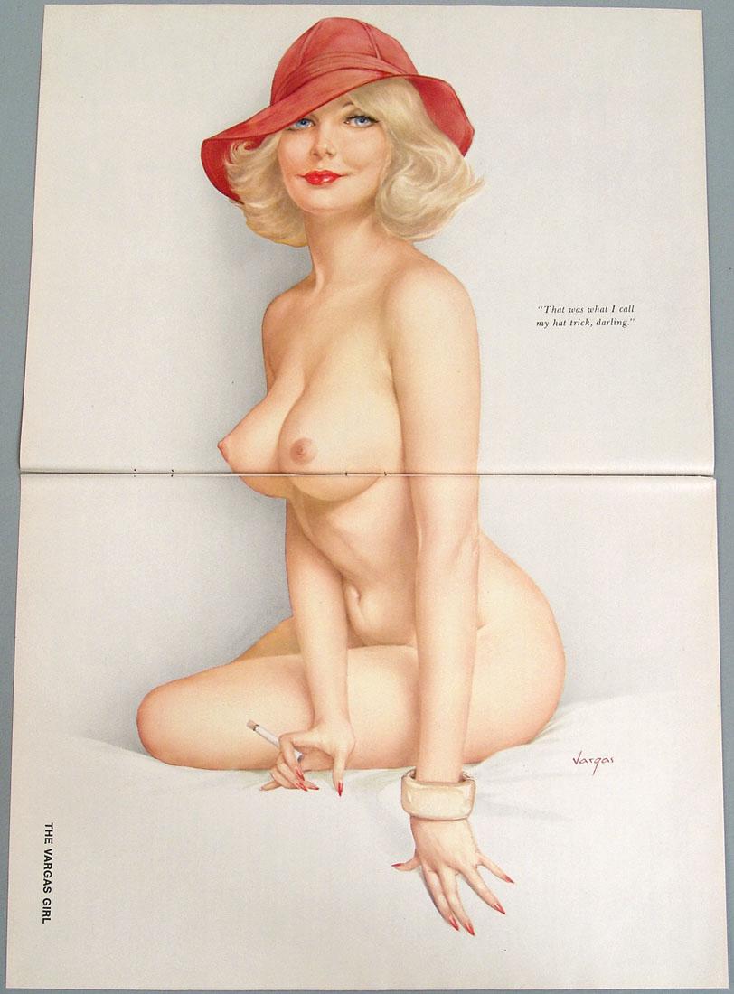 Vintage Nude Playboy Pin-Up by Alberto Vargas: This is a vintage Playboy Alberto Vargas pin-up from a 1960s/1970s Playboy magazine. On two separate pages. Approx. 11" x 16".