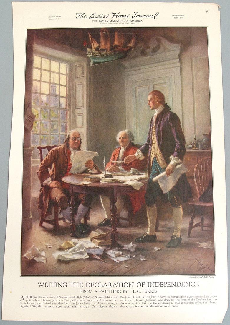 Antique 1917 Print "Declaration of Independence": This is a vintage 1917 print titled "Writing the Declaration of Independence," from a painting by J. L. G. Ferris. Taken from a vintage September, 1917 "The Ladies' Home Journal" magazine. 11" x 16".