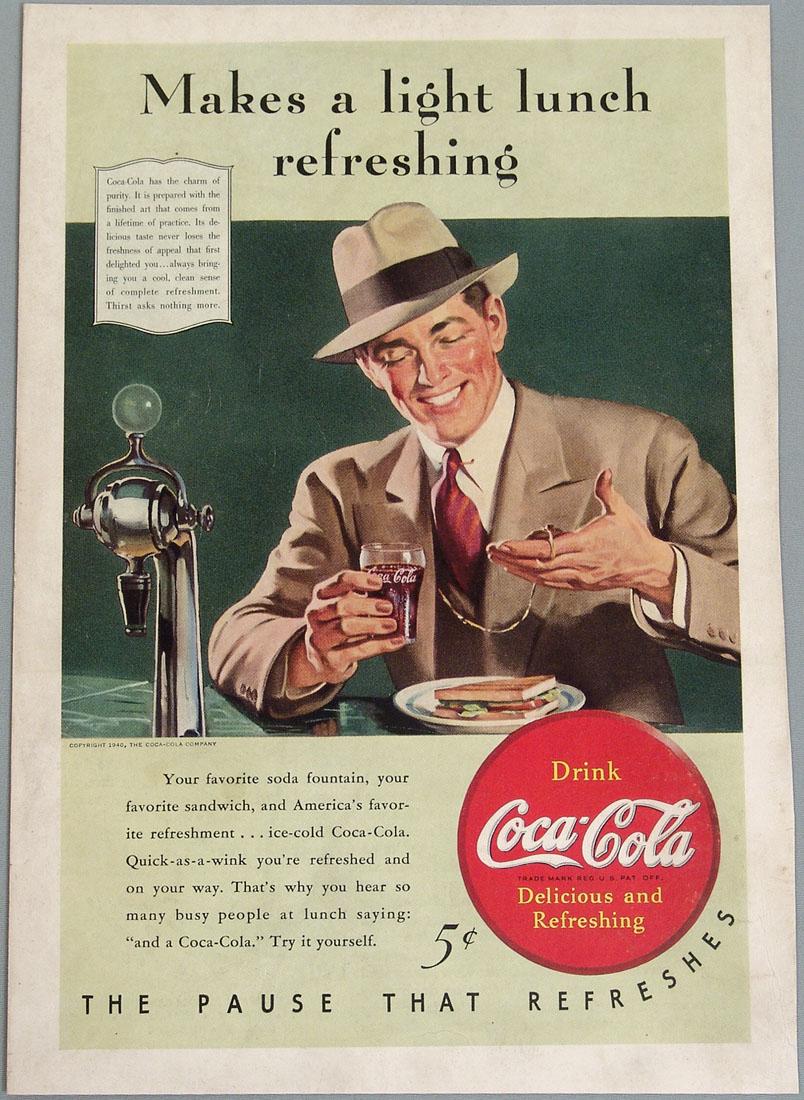 Antique 1940 Coca-Cola Advertisement: This is a vintage 1940 advertisement for Coca-Cola. "The Pause That Refreshes." From a vintage magazine cover - on heavier stock. 6 3/4" x 9 3/4".