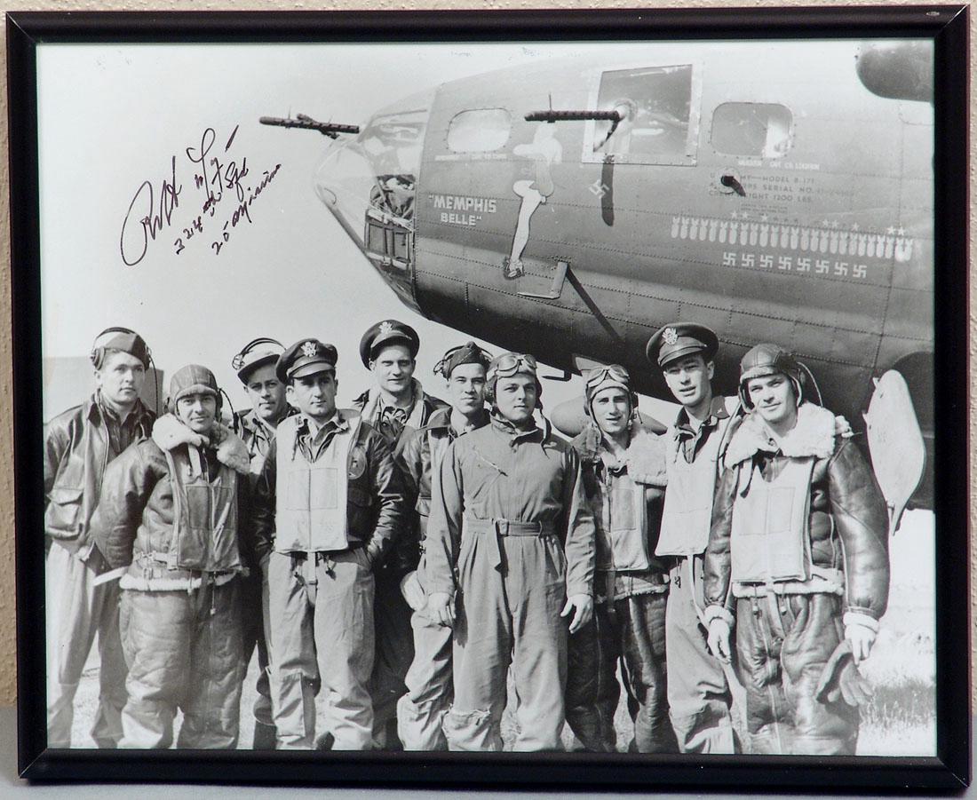 Photo of B-17 "Memphis Belle" Signed by Robert Morgan: This is a photo of the famous WWII 8th Air Force B-17 bomber "Memphis Belle," hand-signed by pilot Robert Morgan. The photo was taken in May of 1943 after the "Belle" and her crew completed the requir