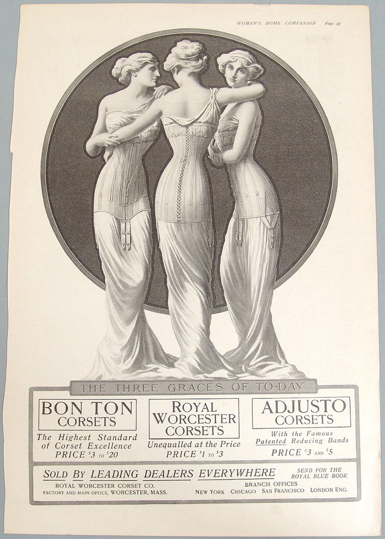 1909 "Three Graces" Ad - Royal Worcester Corsets: This is a vintage 1909 Art Nouveau advertisement for Royal Worcester Corset Co., taken from an April, 1909 "Woman's Home Companion" magazine. 10 3/4" x 16".