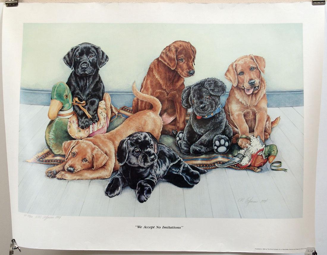 S/N 1994 K. M. Hoffman Print - Lots of Puppies!: This is a hand-signed and numbered vintage 1994 print by Kristen M. Hoffman titled "We Accept No Imitations." Artist's proof number 168 of 180. Published by the Orvis Company. On heavy paper. 30 1/2"