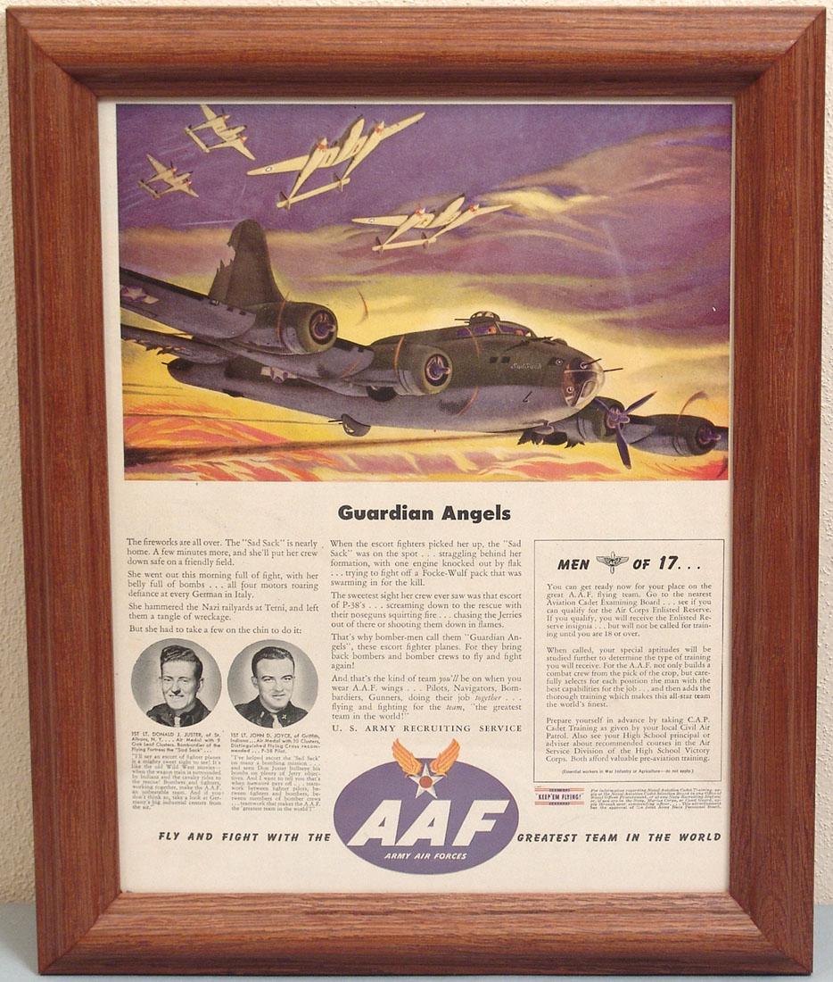 Framed 1940s WWII USAAF Recruiting Ad: This is a framed original vintage 1940s WWII U.S. Army Air Forces recruiting advertisement featuring the B-17 Flying Fortress "Sad Sack." Wood frame with acrylic. 12 1/2" x 15 1/4" overall.