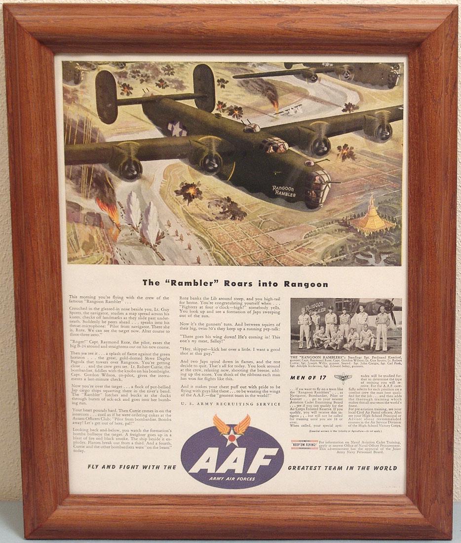 Framed 1940s WWII USAAF Recruiting Ad: This is a framed original vintage 1940s WWII U.S. Army Air Forces recruiting advertisement featuring the B-24 Liberator "Rangoon Rambler." Wood frame with acrylic. 12 1/2" x 15 1/4" overall.