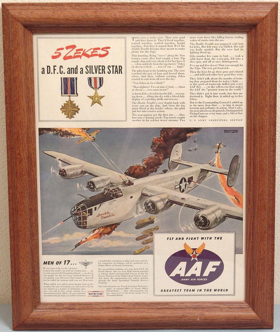 Framed 1940s WWII USAAF Recruiting Ad: This is a framed original vintage 1940s WWII U.S. Army Air Forces recruiting advertisement featuring the B-24 Liberator "Double Trouble." Wood frame with acrylic. 12 1/2" x 15 1/4" overall.