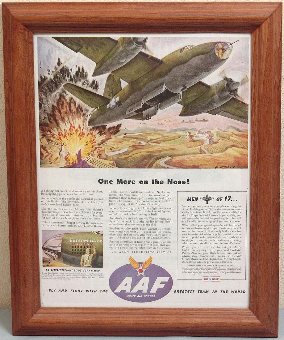 Framed 1940s WWII USAAF Recruiting Ad: This is a framed original vintage 1940s WWII U.S. Army Air Forces recruiting advertisement featuring the B-26 Marauder "The Exterminator." Wood frame with acrylic. 12 1/2" x 15 1/4" overall.