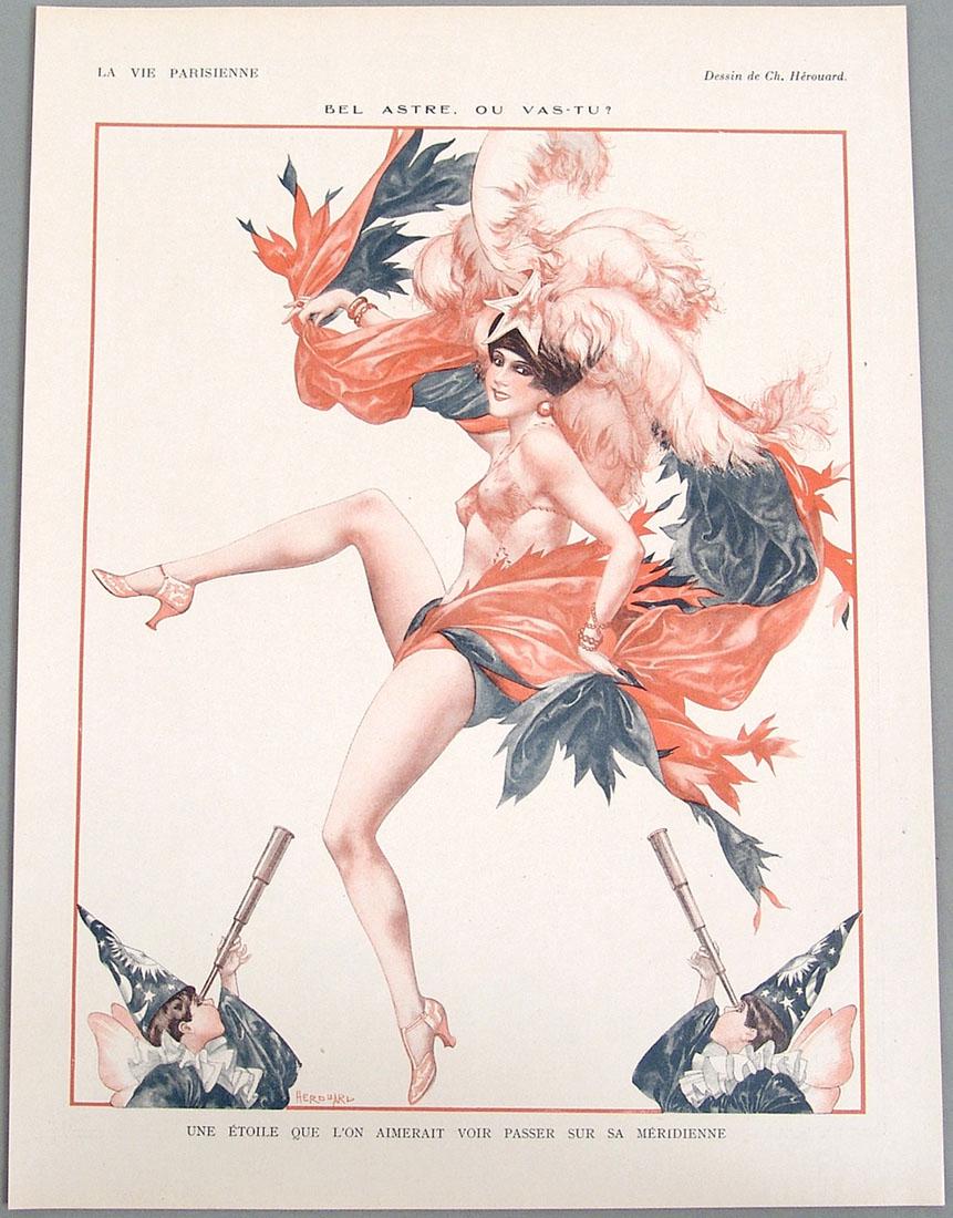Antique 1926 Art Deco "La Vie Parisienne" Print: This a vintage 1926 Art Deco print from the erotic French magazine "La Vie Parisienne," illustrated by Cheri Herouard. Titled "Un Folie Que L'on Peut Qualifier de Genereuse" (A Madness That Can Qualif