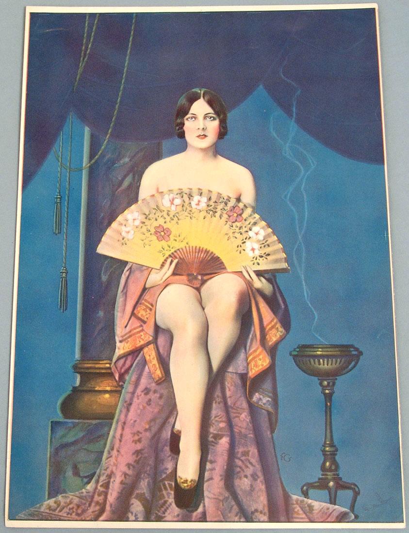Rare Antique Spanish Girl Pin-Up Print: This an vintage circa 1930s/1940s Art Deco print. We have not been able to determine the artist, but the style is similar to that of some early Spanish or Mexican artists illustrators like Jesus Helgu